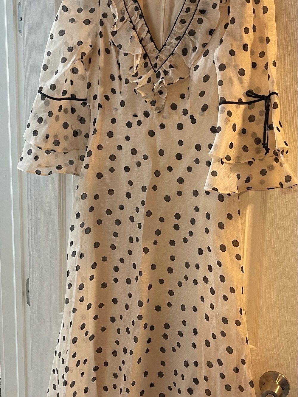 HALE BOB Aiyana Organza Maxi Dress Cream Polka Dot Ruffle with Black Trim Size S - Picture 12 of 12